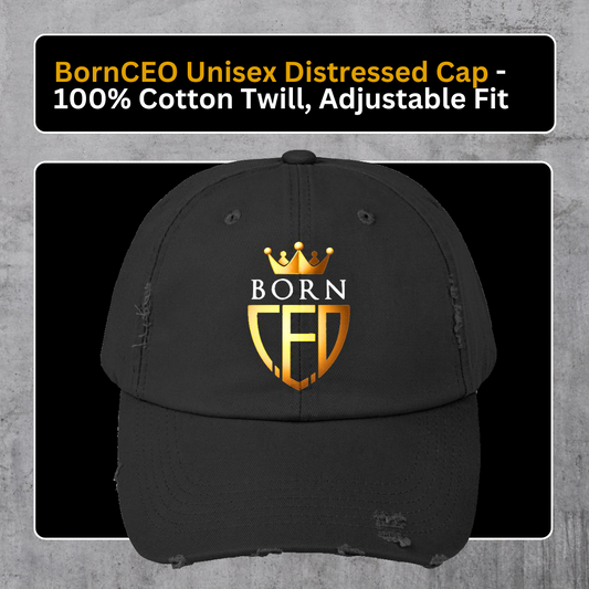 BornCEO Unisex Distressed Cap - 100% Cotton Twill, Adjustable Fit